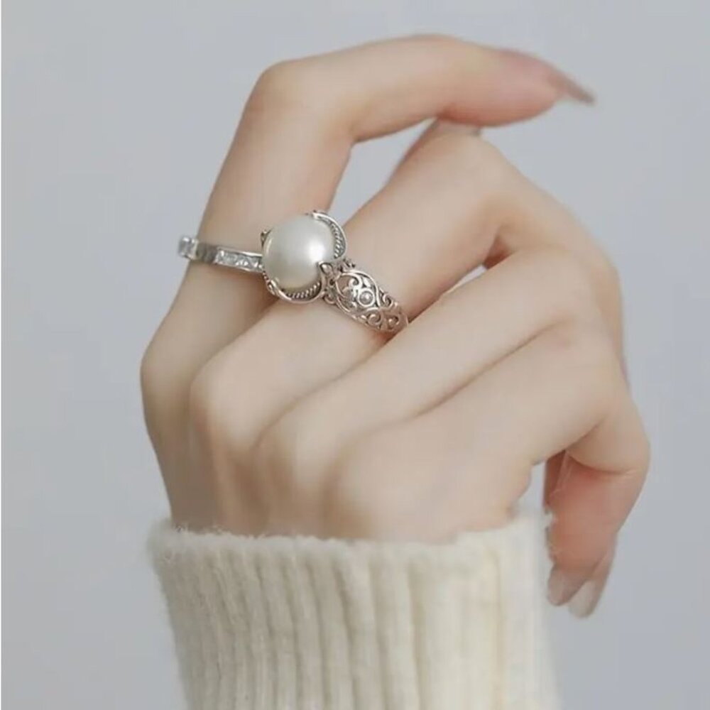 NEW Ornate Silver Plated Pearl Statement Ring